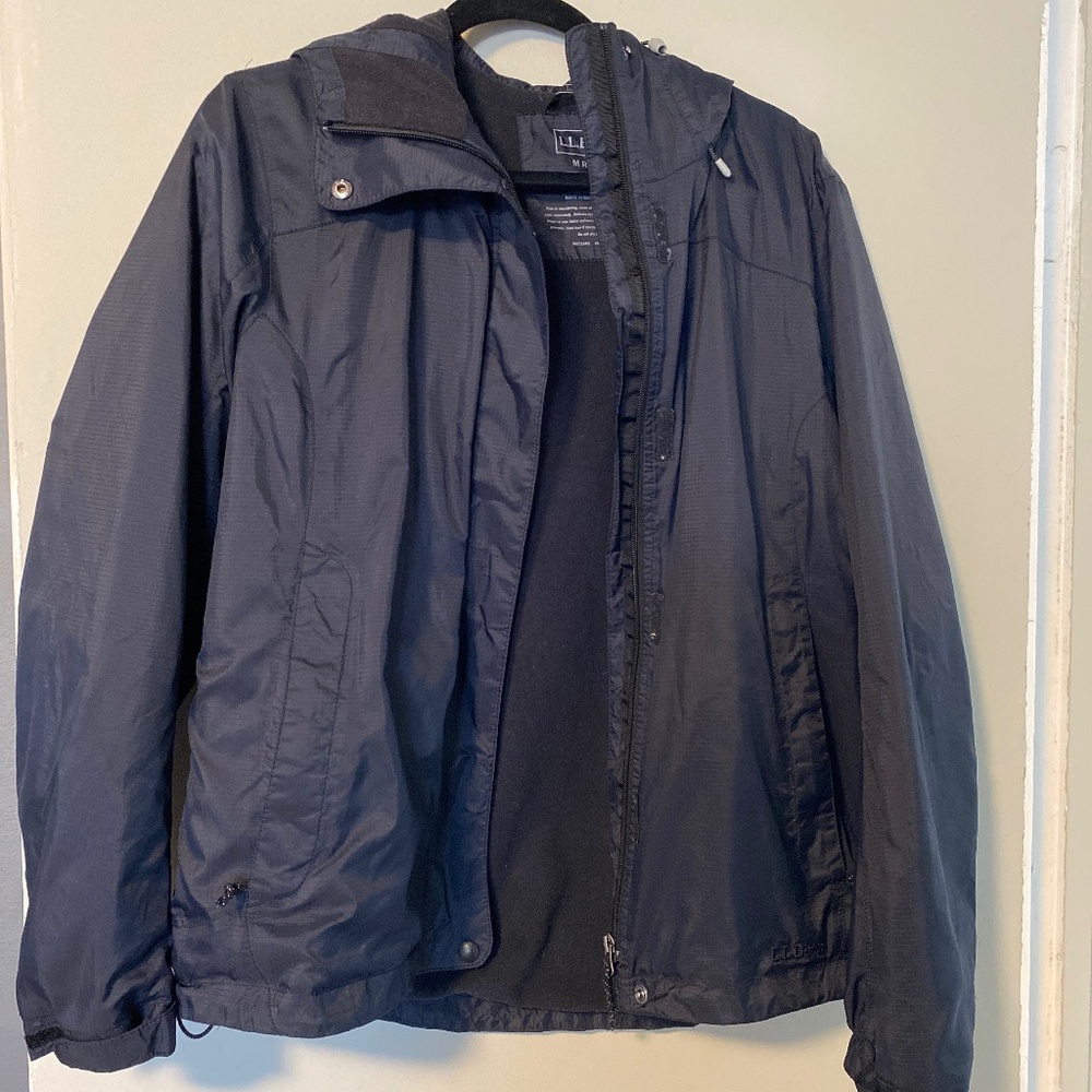LL Bean Anorak Jacket Womens M Navy blue Fleece Lined Full Zip Hooded